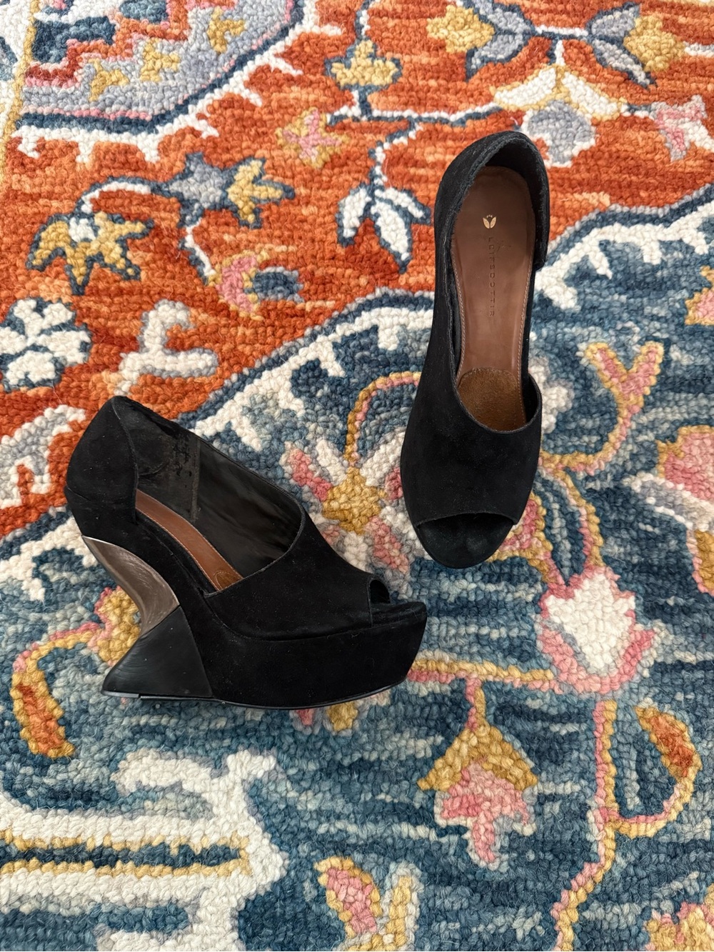 Leifsdottir Katarina Black Suede & Silver Cut Out Peep Toe Wedge Heels 8.5